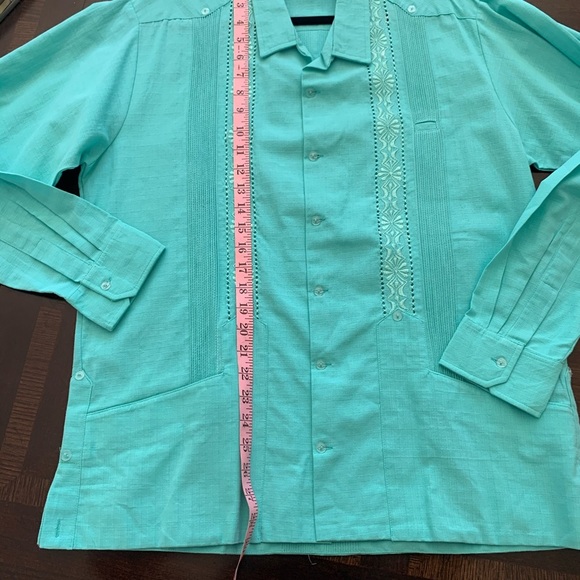 𝅺Guayabera Shirt Long Sleeve 100% Linen Teal NWOT - Picture 12 of 13